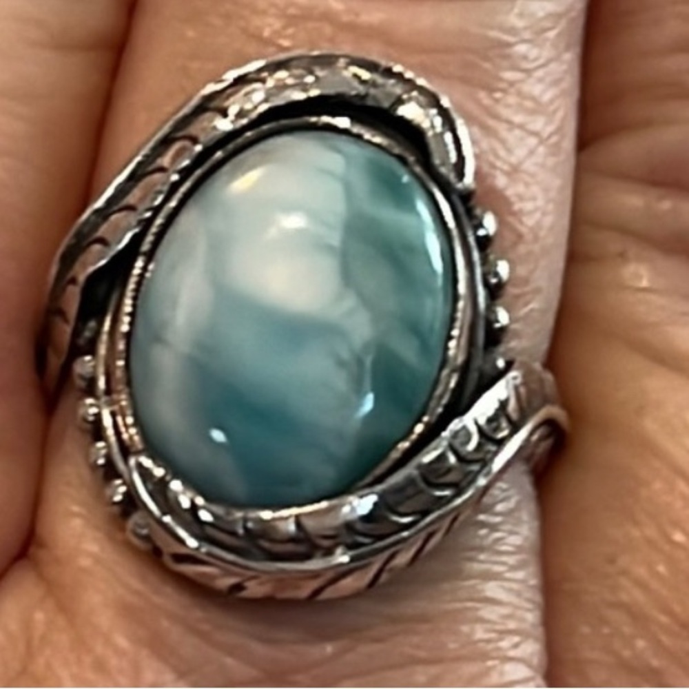 #1 Solid Sterling Silver Larimar Ring Size 8.75 N… - image 2
